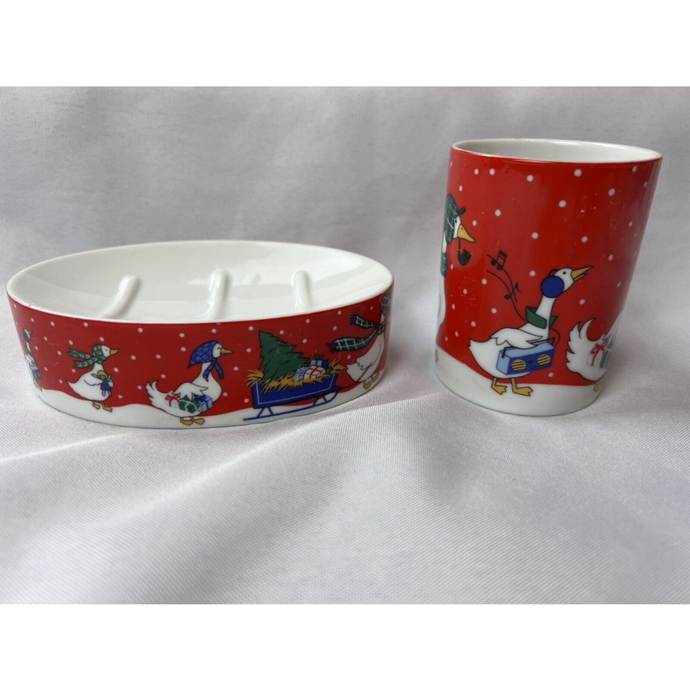 Merry Christmas by ANDRE RICHARD Bathroom Soap Dish & Cup Geese Ducks JAPAN EUC